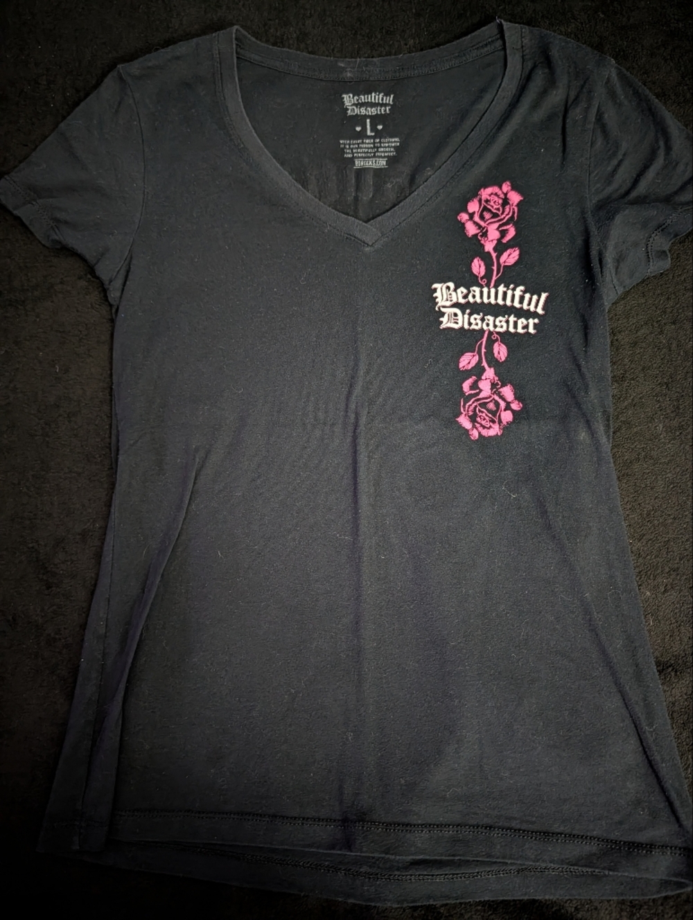 Beautiful Disaster Women's Black V-Neck Tee with Pink Rose Print